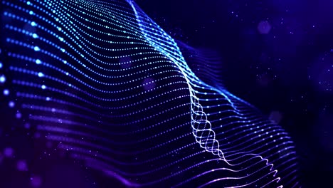 4k bucle de fondo de partículas de ciencia ficción con bokeh y efectos de luz. partículas azules brillantes forman líneas, superficies, estructuras complejas en movimiento suave como en el microworld o el espacio. cadenas de partículas 11