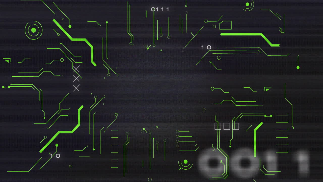 Animated illustration showing glitching binary with floating digits, X and squares plus green noise