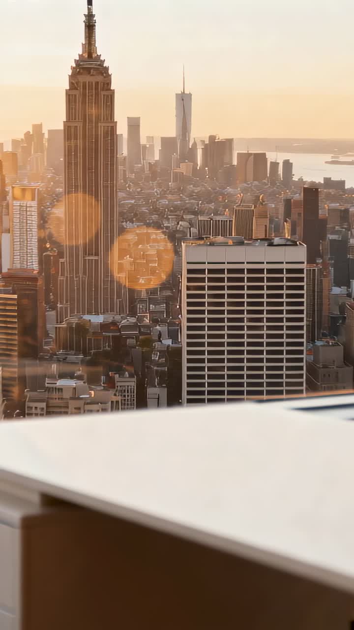 Escrivaninha branca em frente à janela, vista do sol mudando, reflexo de lente alinhando, Empire State, foco para o mercado imobiliário