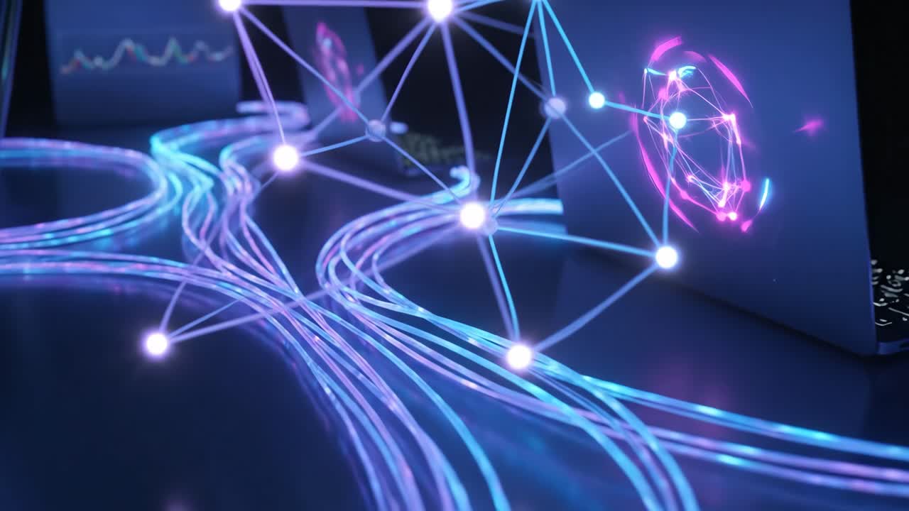 Laptops Connected by Glowing Fiber Optic Cables Transferring Data