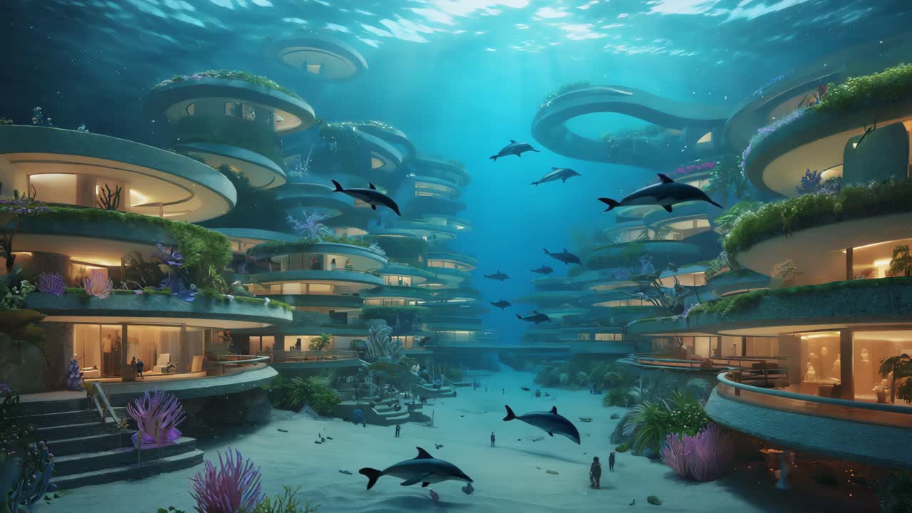 Futuristische Unterwasserstadt mit Delfinen