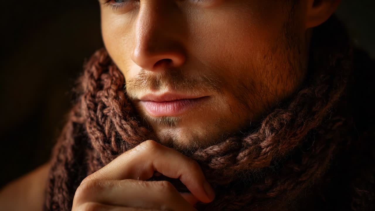 A contemplative man draped in a cozy, thick scarf gazes thoughtfully into the distance, his serene expression and soft lighting creating an intimate and warm atmosphere filled with emotion and depth