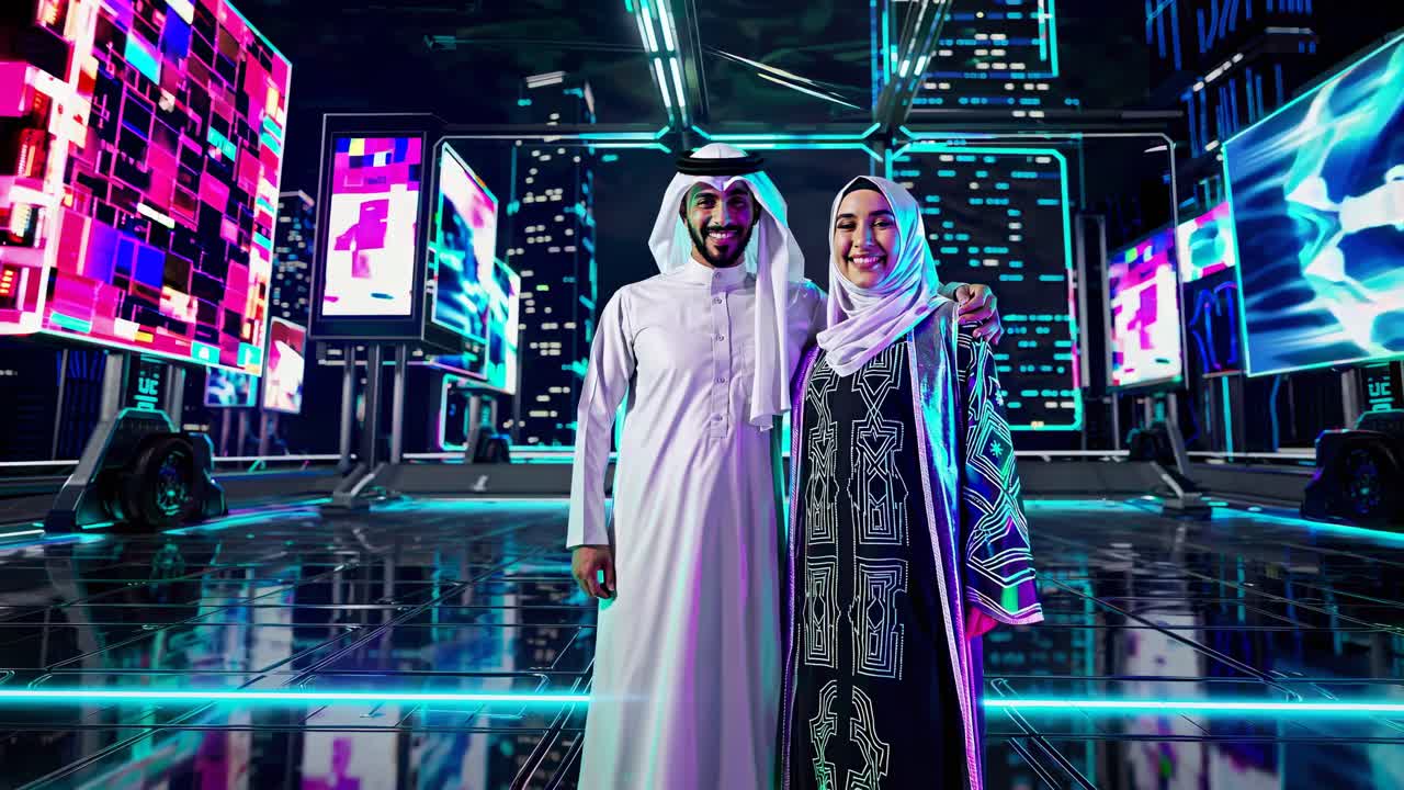 Couple in Futuristic Cityscape