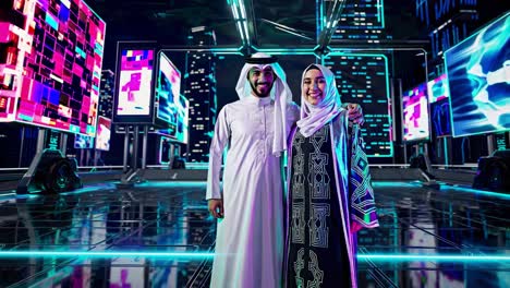 couple in futuristic cityscape