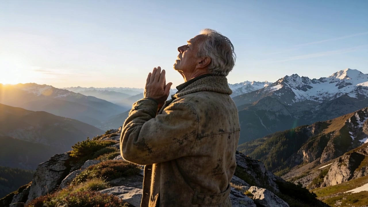 Facing senior hiker raising hands to mouth lowering to chest on alpine ridge, sun warming jacket
