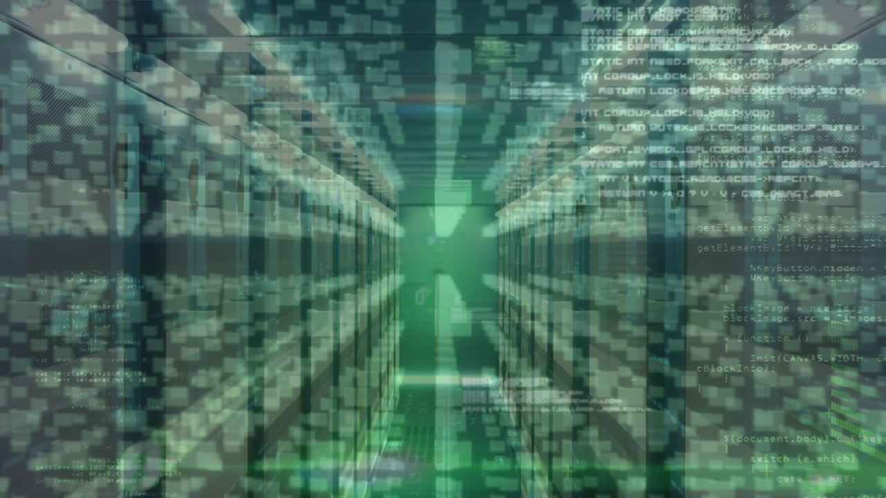 Animation of security padlock icon and data processing against computer server room
