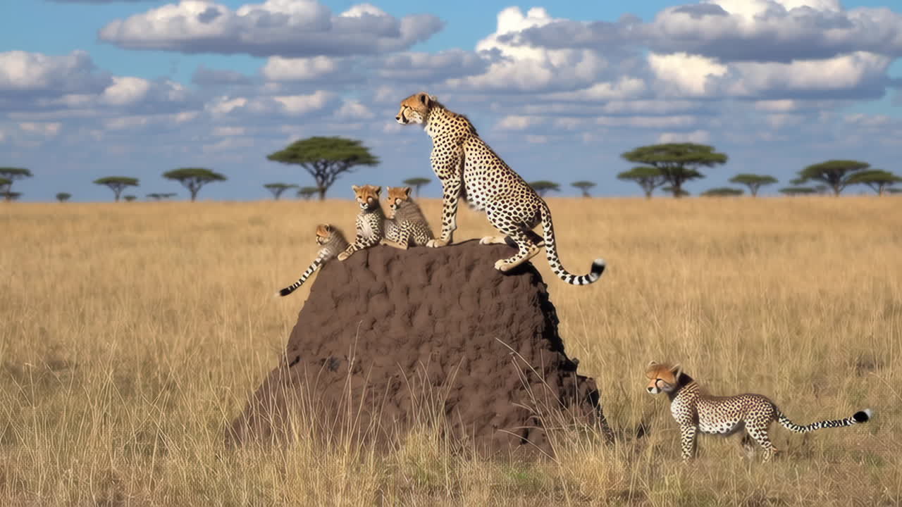 Cheetah Mother and Cubs on a Termite Mound in the Savanna