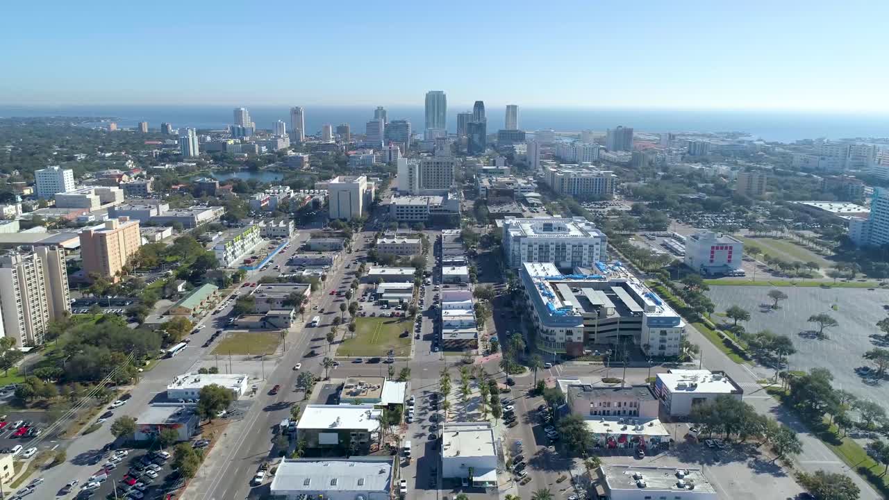4K Aerial Video of Downtown St Petersburg, Florida Flying and Facing East from 16th Street to 9th Street