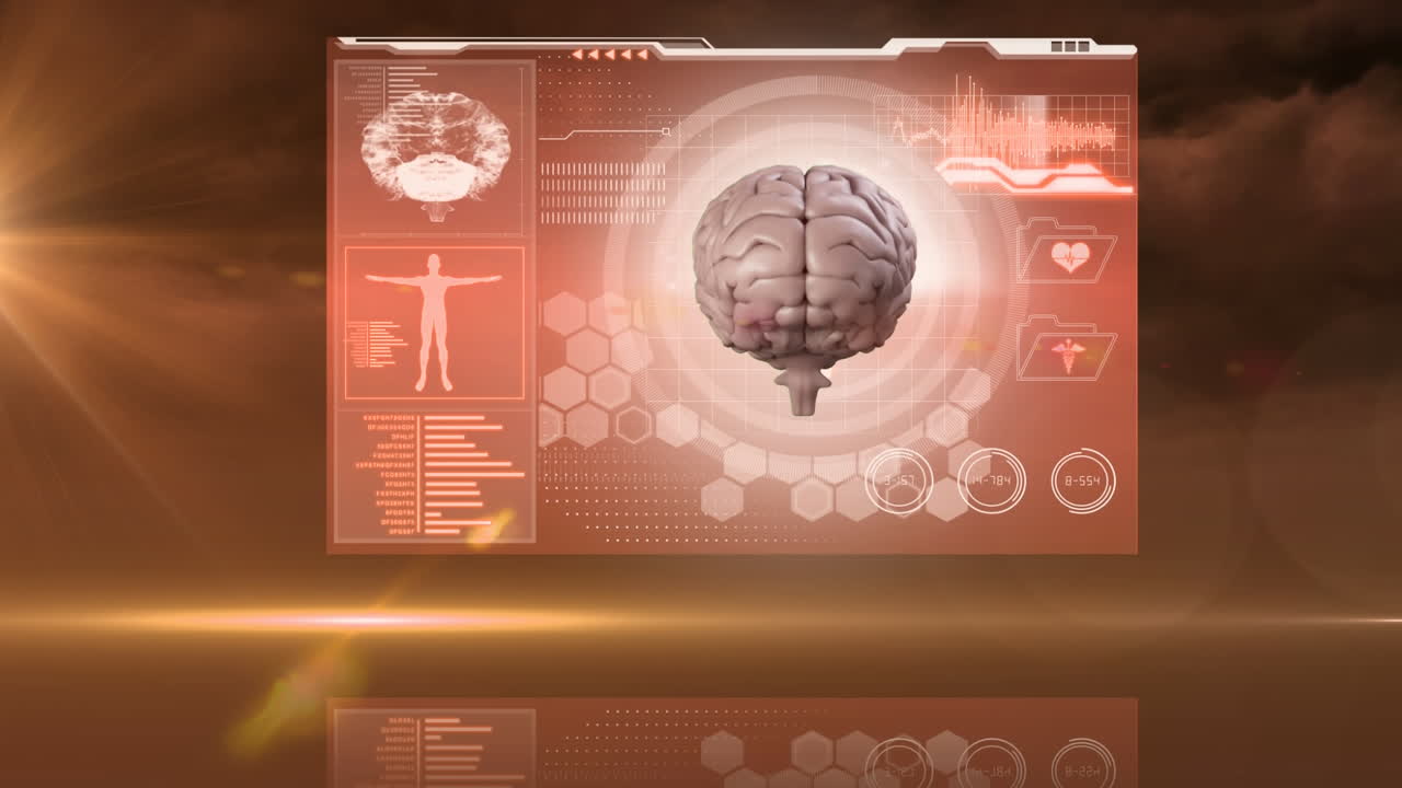Animation of human brain and medical data processing on orange screen