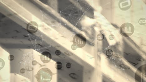 animation of network of connections with icons over warehouse