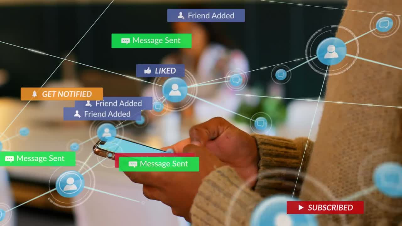 스마트폰을 사용하는 아프리카계 미국인 남성에 대한 소셜 미디어 아이콘과 연결의 애니메이션