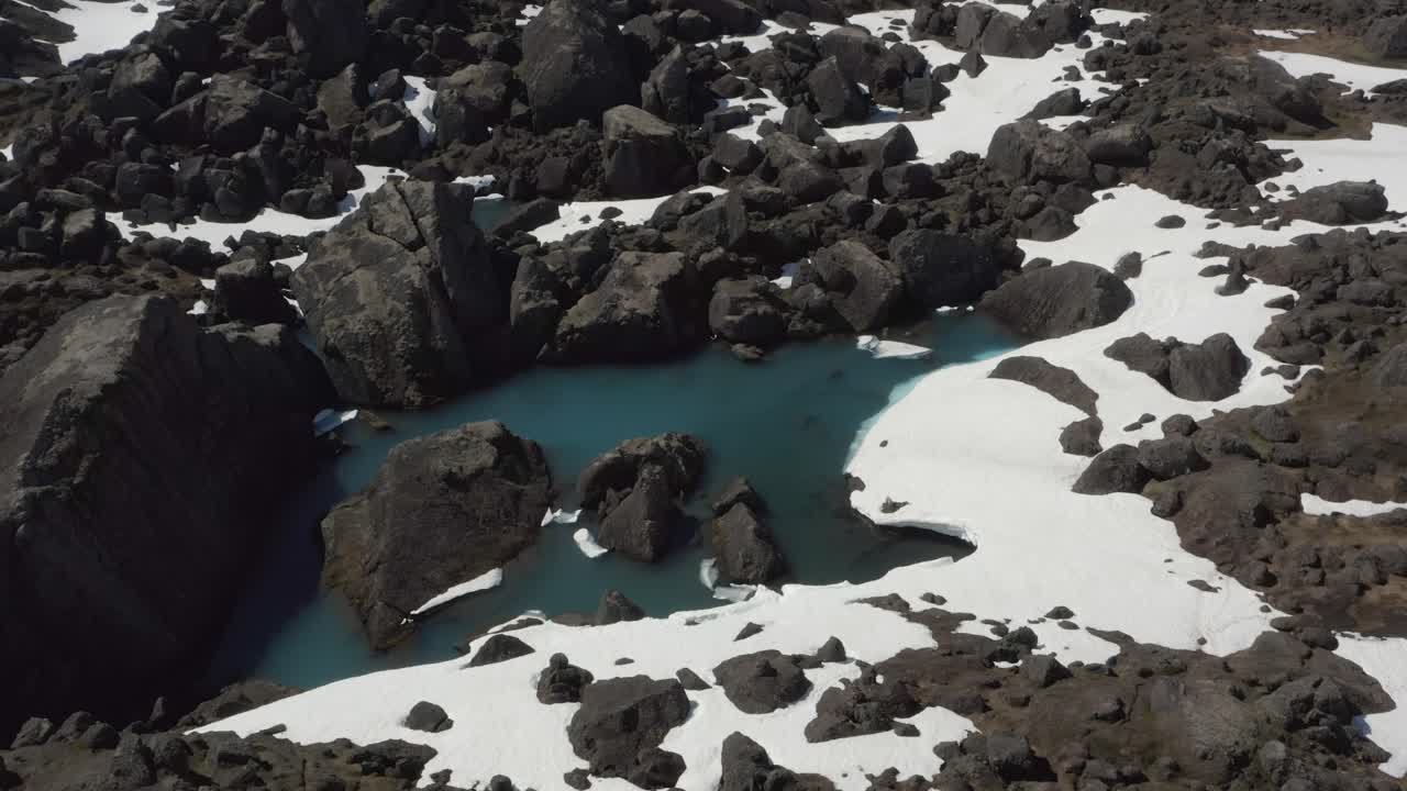 volando sobre piscinas glaciales turquesas rodeadas de increíbles rocas grises cubiertas de nieve, islandia aérea de drones naturales