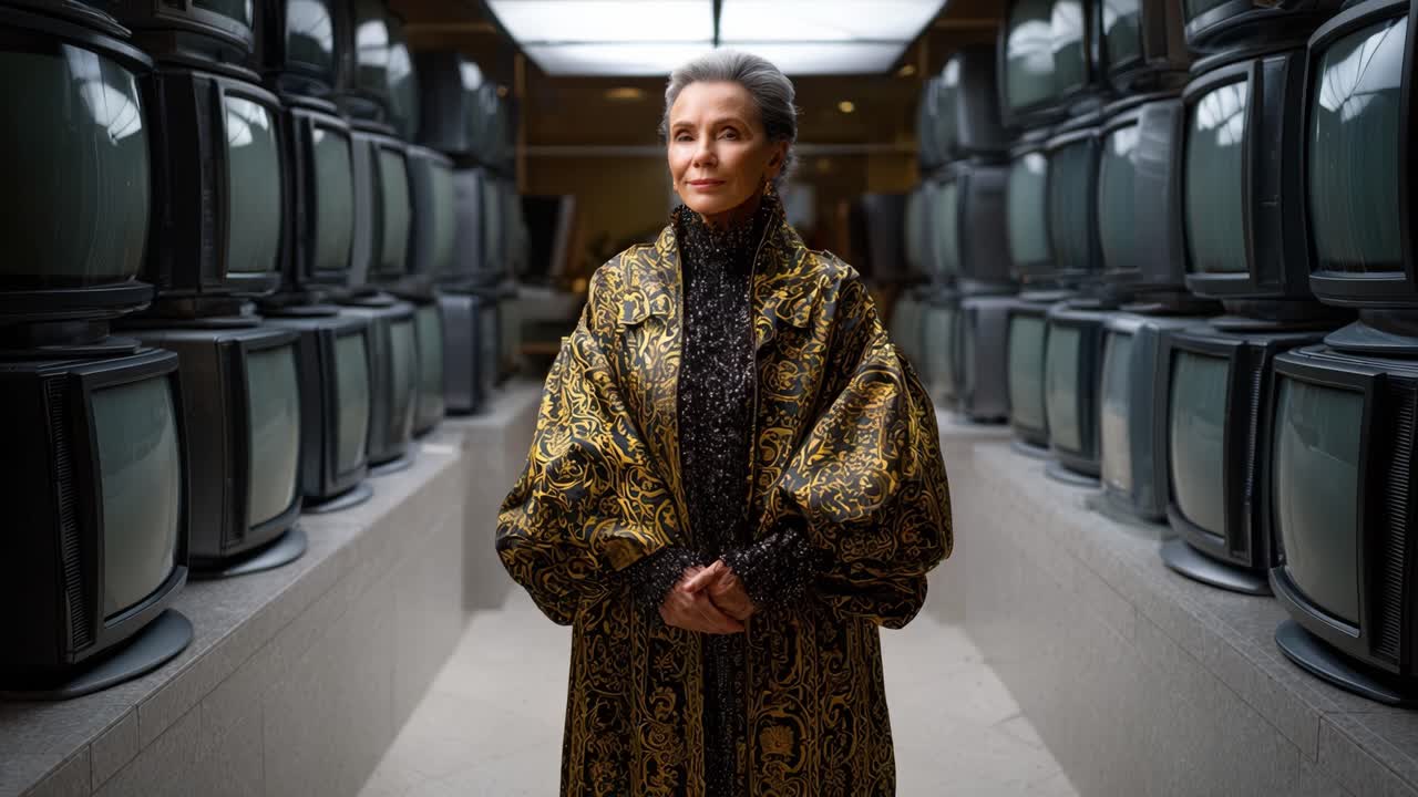 Una donna elegante in un raffinato cappotto a fantasia dorata si erge tra televisori vintage, mettendo in mostra una fusione di moda senza tempo e tecnologia retrò in un ambiente moderno.