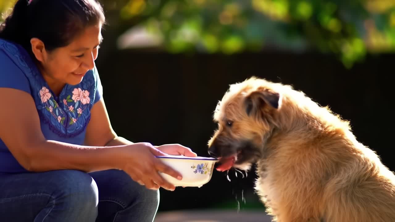 A Heartwarming Moment: A Woman Feeding Her Dog in a Sunlit Garden, Capturing the Bond Between Humans and Animals Through Shared Love and Care