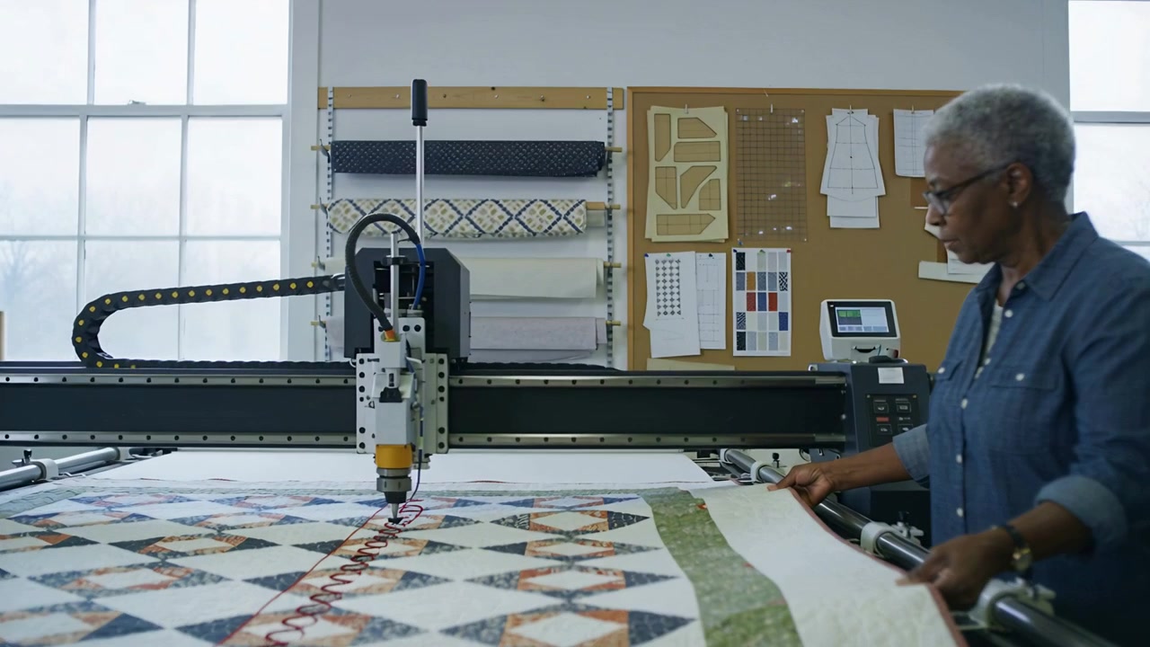 Máquina sendo ligada, artesã de quilting de jeans guiando a colcha pela mesa com uma máquina de braço longo, linha vermelha, espaço para texto.