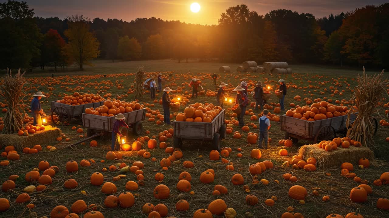 Harvest Festival at Sunset: A Scenic Pumpkin Patch with Workers Gathering Pumpkins and Lighting Lanterns Amidst Vibrant Fall Colors and Bales of Hay