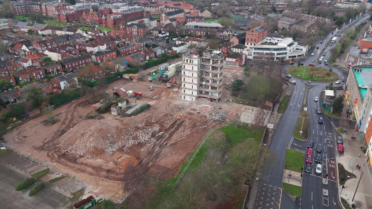 A close-up of a demolished skyscraper in Norwich city centre and the buildings around it.