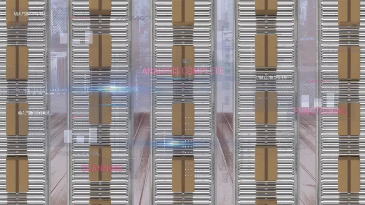 interfaz digital con procesamiento de datos frente a la vista aérea de las cajas de entrega en la cinta transportadora