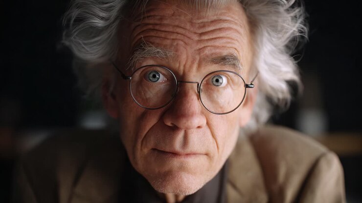 Primo piano intenso di un uomo anziano, che cattura la profondità dell'espressione e del pensiero con capelli particolari e occhiali rotondi in un ambiente scarsamente illuminato
