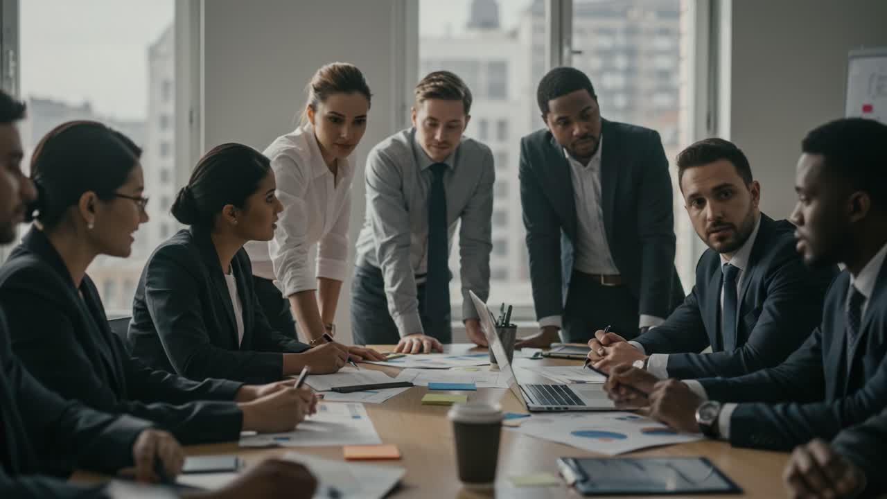 A Dynamic Business Meeting: Team Members Engaged in Discussion and Problem-Solving Around a Conference Table, Analyzing Data and Strategies for Future Success