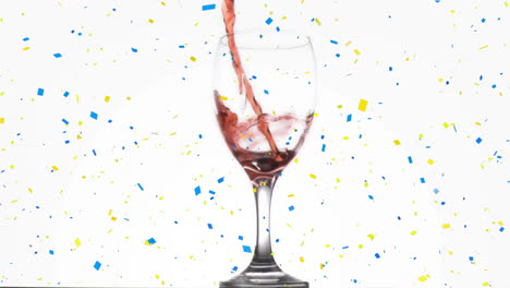 vertiendo vino rojo en un vaso con animación de confeti en fondo blanco