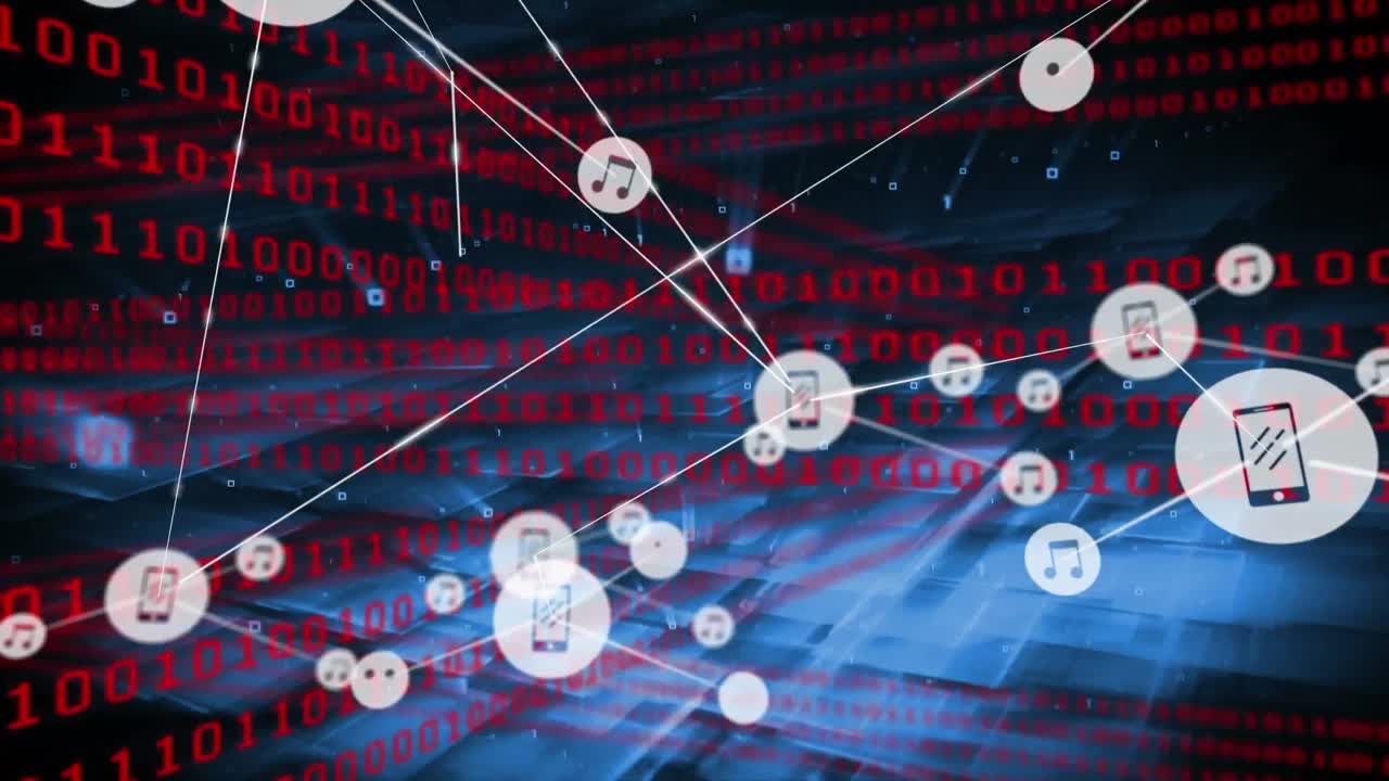 animación de redes de conexiones con iconos digitales a través de codificación binaria