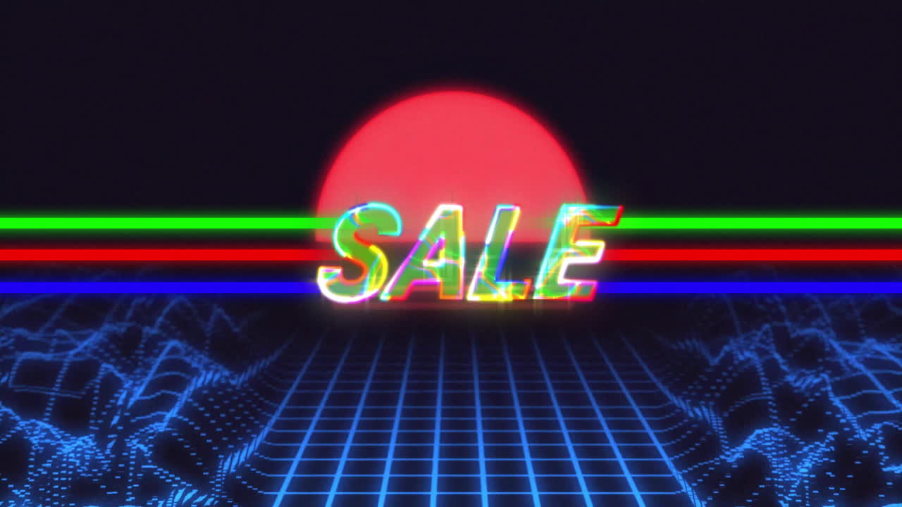 디지털 산과 태양 위에 판매 텍스트의 애니메이션