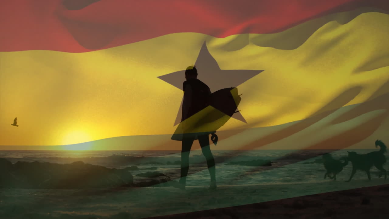 가나의 발의 애니메이션 카우카시안 남자가 서프 보드를 들고 해변에서 개와 함께 고 있습니다.