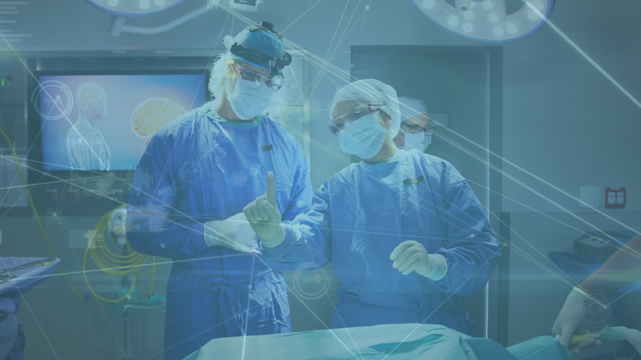 백인 남성과 여성 의사에 대한 맥박 속도 및 데이터와 연결된 네트워크의 애니메이션