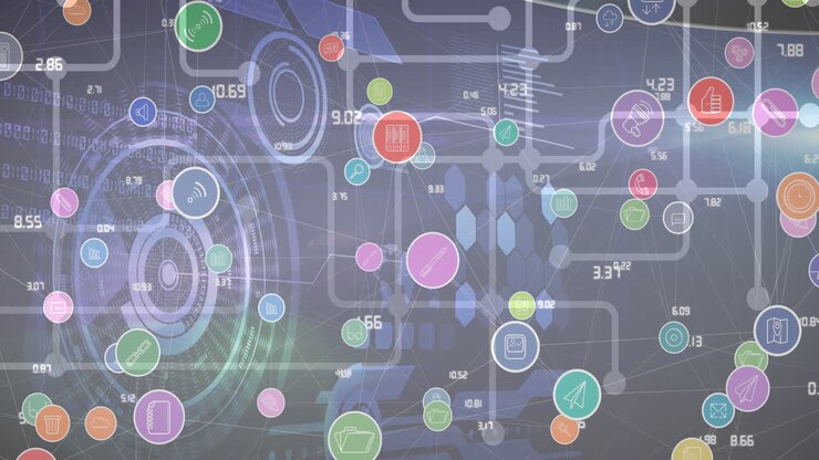 Animation of digital icons over scopes scanning on grey background