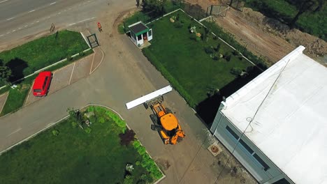construction site outdoor. aerial shooting of construction site in suburb area