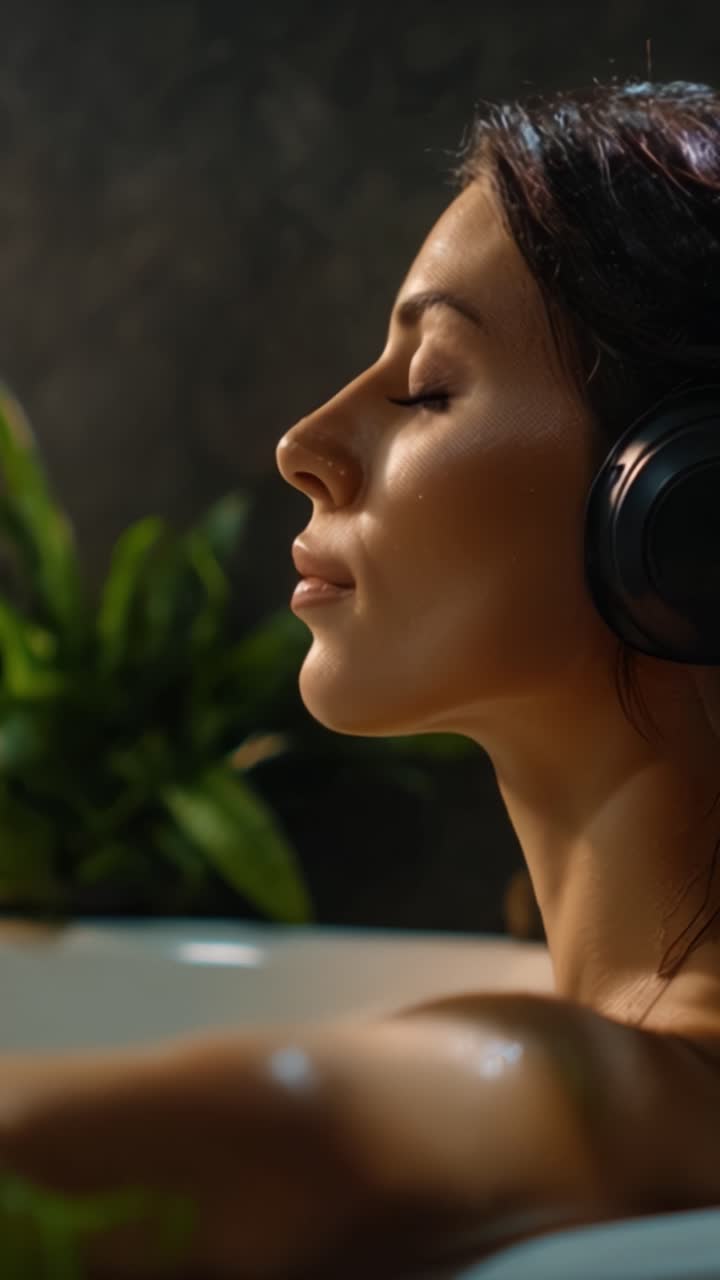Momento sereno: Uma mulher tranquila desfrutando de relaxamento em um banho, envolvida por uma atmosfera calma com fones de ouvido e vegetação exuberante ao fundo.