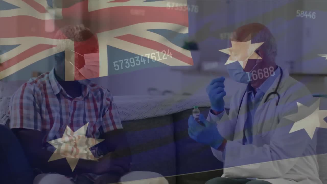 통계와 환자를 위한 예방 접종을 준비하는 의사와 함께 오스트레일리아의  ⁇ 발의 애니메이션