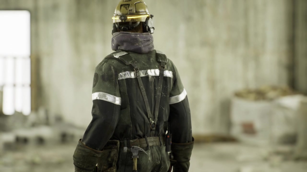 Resilient firefighter in gear surveying collapsed building interior carefully