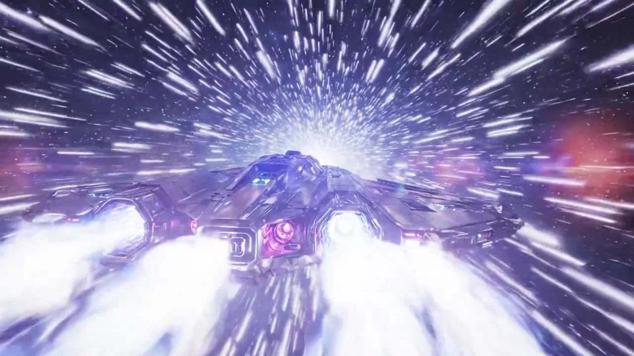 A Dynamic Sci-Fi Starship Propelling Through an Expansive Hyperspace Tunnel with Brilliant Light Trails and Futuristic Design Aesthetic
