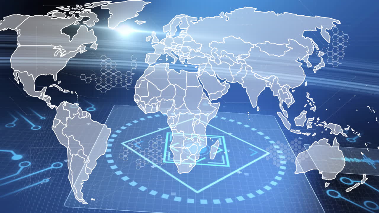 Global digital map displaying data grid, highlighting African region with glowing target graphics