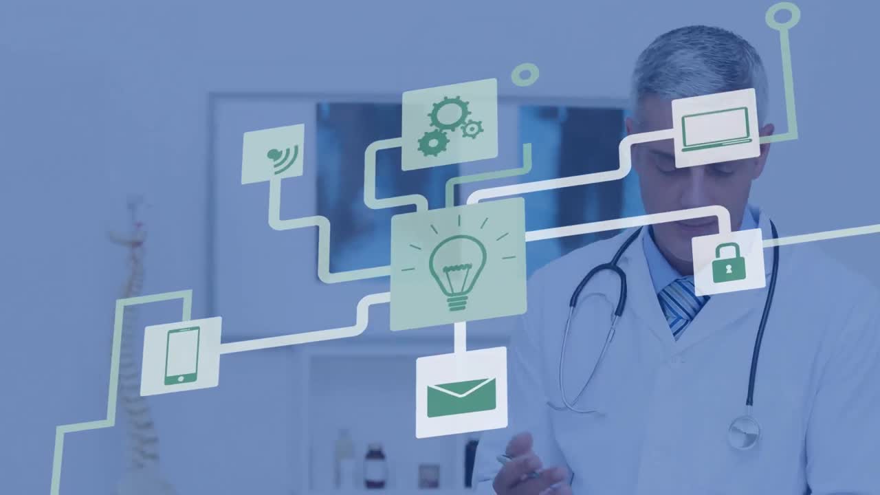 Animation of graphical flowchart with computer icons over caucasian male doctor writing on clipboard