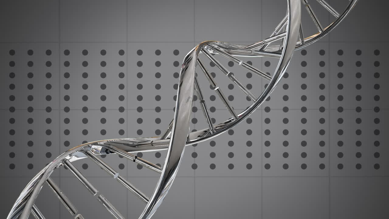 Metallic DNA structure spinning against grey background