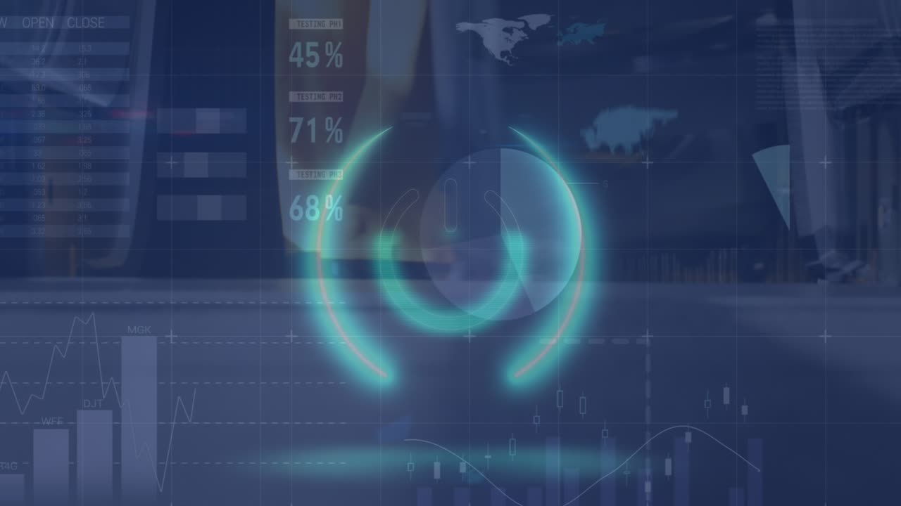 Animation of neon banner over statistical data processing against low section of woman on escalator