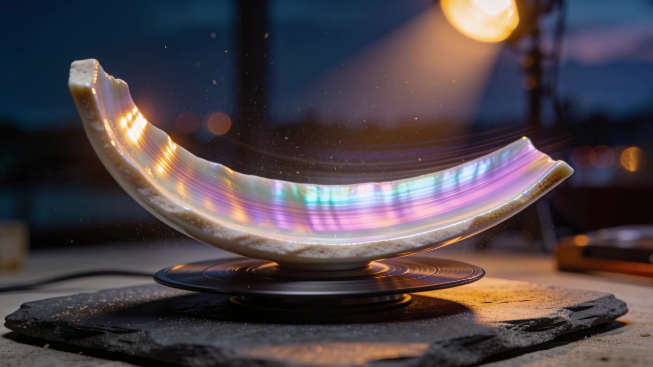 Rotating nacre shell showing shifting colors on slate, platform turning and lamp lighting dust