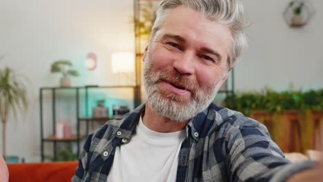 pov portrait of happy senior man chatting with friend or relative on video call on smartphone