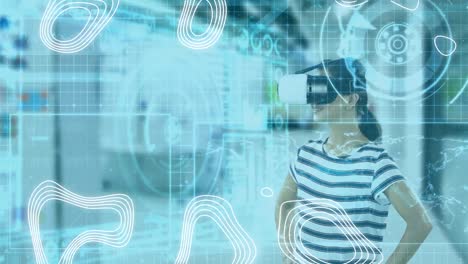 Animation-of-data-processing-over-woman-wearing-vr-headset