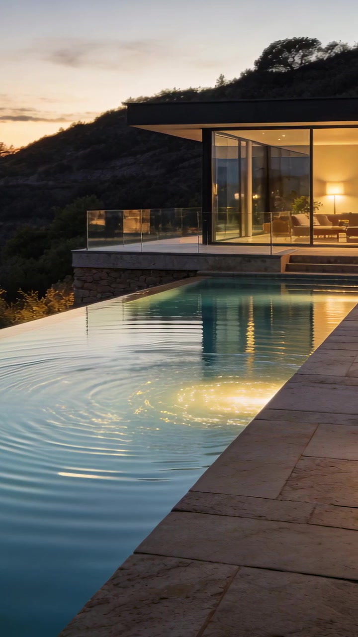 Vertical video: Pool light turning, infinity pool rippling and mirroring hillside home lights
