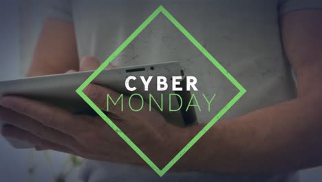 Animation-of-cyber-monday-text-over-caucasian-man-using-tablet