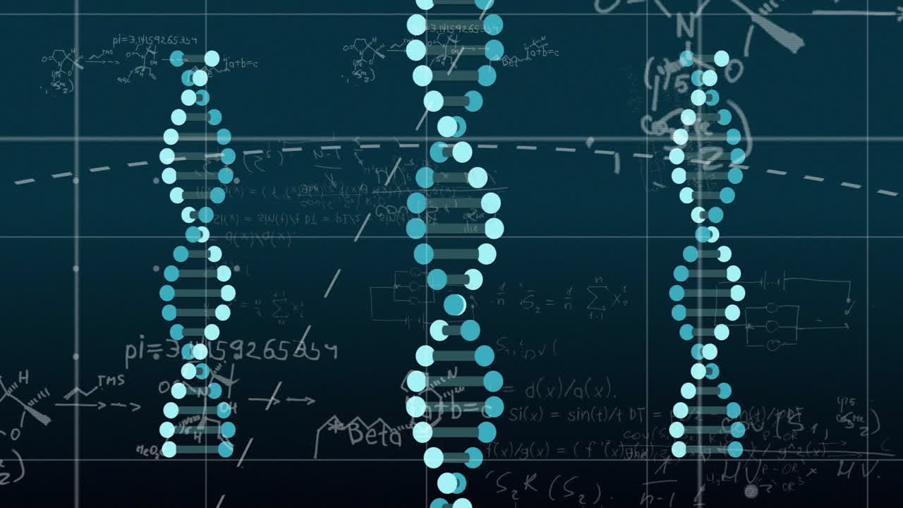 DNA strands and mathematical equations, scientific data processing animation