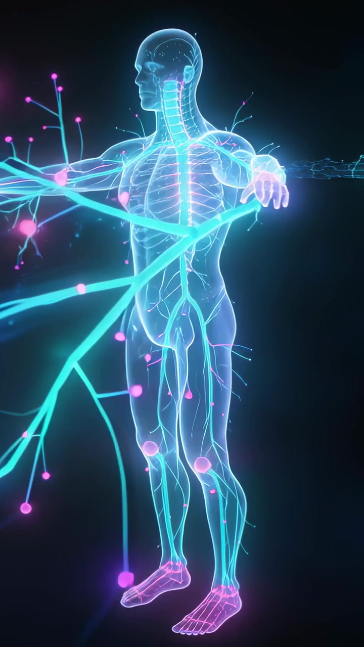 Vertical video: Pulsing spine drawing pink nodes and filaments into hologram in black void, network