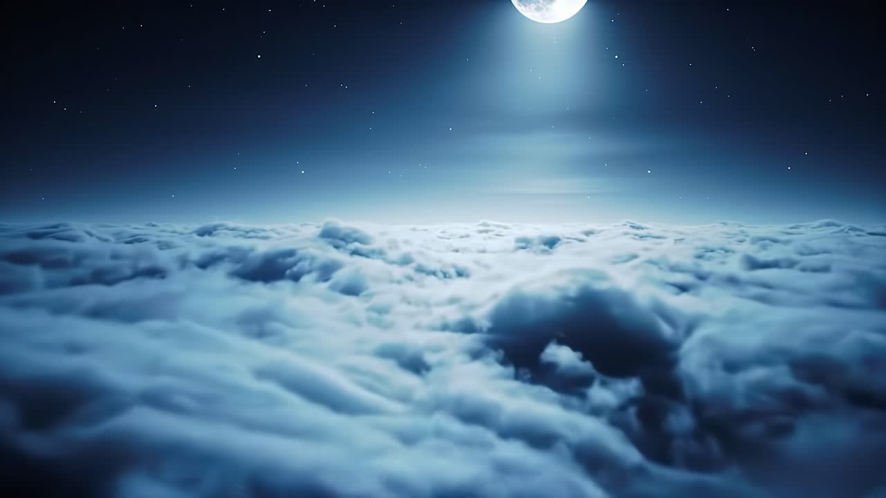 A breathtaking view shows a serene night sky filled with stars and illuminated clouds. The moon shines brightly, casting a magical glow over the peaceful landscape at midnight.