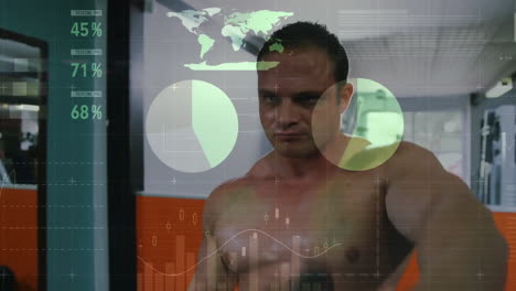 animación del procesamiento de datos financieros sobre un hombre biracial haciendo ejercicio en el gimnasio