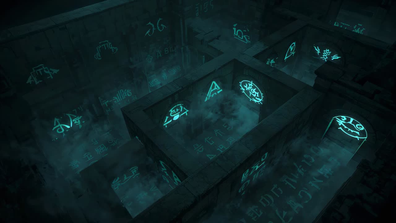Panning camera exposing more of grid of pits in bunker, revealing teal glyphs, fog, glowing column