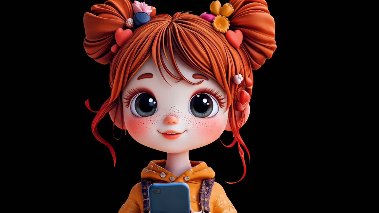 Graziosa ragazza cartone animato sorridente, overlay animato, video 4K trasparente, canale alfa, ProRes 4444.
